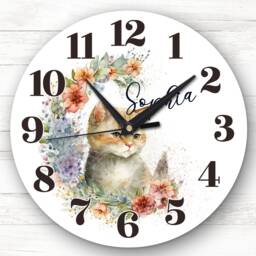 Watercolour Floral Wreath Kitten Cat Custom Gift Personalised Clock - thumbnail 1