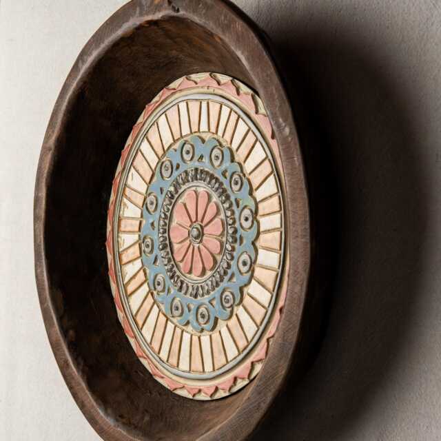 Boho Wall Art, Hand Carved Dough Bowl With Handmade Ceramic & Mosaic Tile, Made To Order, Deep Framed - Suzani - image 1