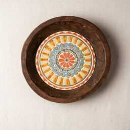 Boho Wall Art, Hand Carved Dough Bowl With Handmade Ceramic & Mosaic Tile, Made To Order, Deep Framed - Suzani - thumbnail 2