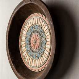 Boho Wall Art, Hand Carved Dough Bowl With Handmade Ceramic & Mosaic Tile, Made To Order, Deep Framed - Suzani