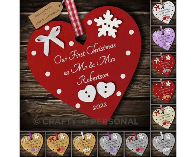 Personalised Our First 1st Christmas As Mr & Mrs Bauble Wooden Heart Tree Ornament Or Magnet Gift For Husband Wife Couple - image 1