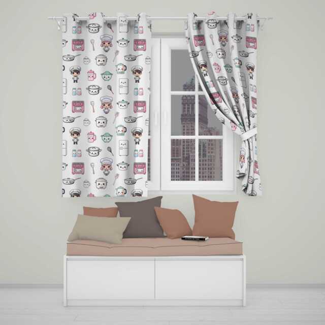 Kawaii Kitchen Chef Girl Cooking Utensils On Cream Seamless Pattern Readymade Eyelet Ring Top Thermal 100% Blackout Curtains - image 1