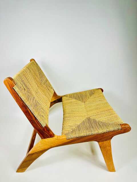 Handcrafted Moroccan Wooden Chair With Braided Straw - Natural Woven Armchair Or Boho Bench - image 1