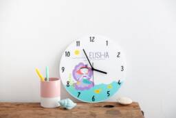 Mermaid Theme Personalised Kids Clock - Children's Gift Illustrated Acrylic Bedroom - Gifting Knot UK Made