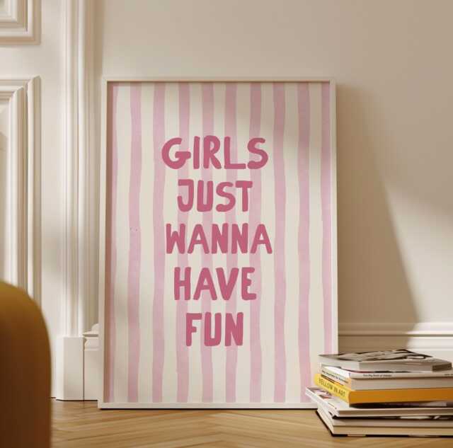 Girls Just Wanna Have Fun Wall Print, Coquette Girly Art, Pink Stripes Decor, Aesthetic Bows, Trendy Bedroom Poster - image 1