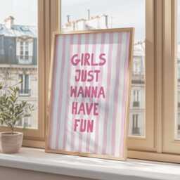 Girls Just Wanna Have Fun Wall Print, Coquette Girly Art, Pink Stripes Decor, Aesthetic Bows, Trendy Bedroom Poster - thumbnail 3