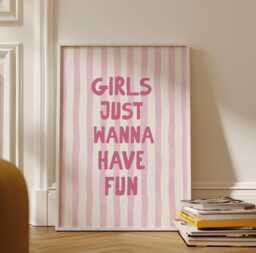 Girls Just Wanna Have Fun Wall Print, Coquette Girly Art, Pink Stripes Decor, Aesthetic Bows, Trendy Bedroom Poster - thumbnail 1