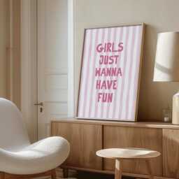 Girls Just Wanna Have Fun Wall Print, Coquette Girly Art, Pink Stripes Decor, Aesthetic Bows, Trendy Bedroom Poster - thumbnail 2