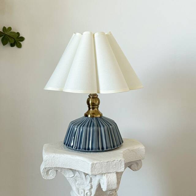 Handmade Fabric Petal Pleated Shades, 110-240V Classic Stripe Ceramic Table Lamp Sturdy Base, Bedroom Living Room Kitchen Rustic Cozy Decor - image 1
