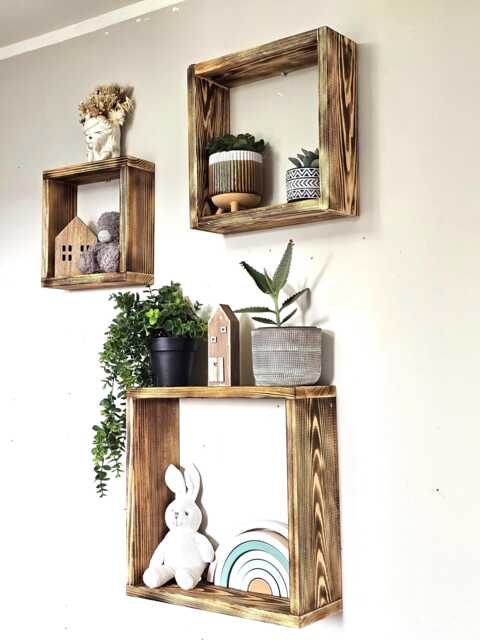 Rustic Wooden Cube Shelves Handmade Floating Wall Shelves, Set Of 3 - image 1