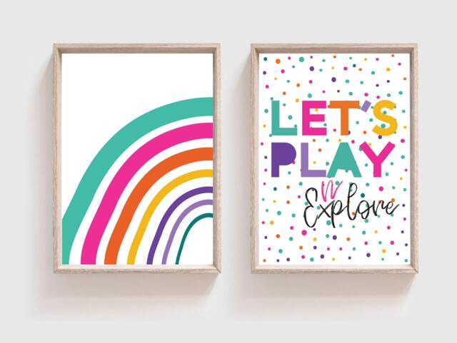 Set Of 2 Girls Nursery Prints, Rainbow Print, Playroom Wall Art, Play All Day, Decor, Sister - image 1