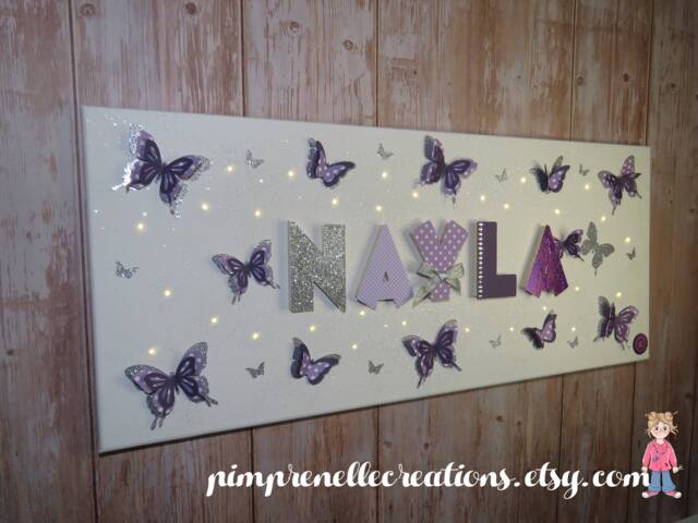 Girl First Name Painting, Canvas, Butterfly Light Personalized 3D Purple Butterflies - image 1