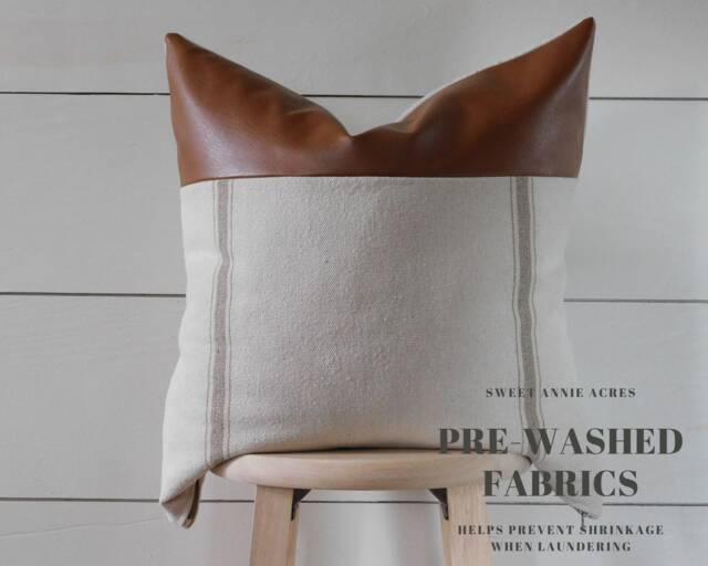 Grain Sack Pillow Cover With Faux Leather Accent - Feed Farmhouse Tan 3 Stripe Beige Fabric