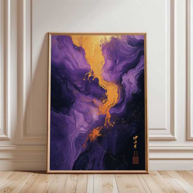 Purple Gold Abstract Wall Art Poster Modern Print Large Vertical Decor For Living Room Bedroom Office, Fluid - image 1