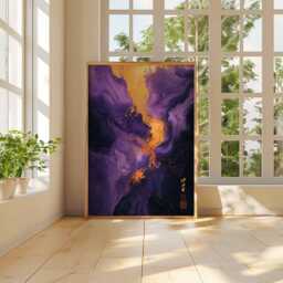 Purple Gold Abstract Wall Art Poster Modern Print Large Vertical Decor For Living Room Bedroom Office, Fluid - thumbnail 4