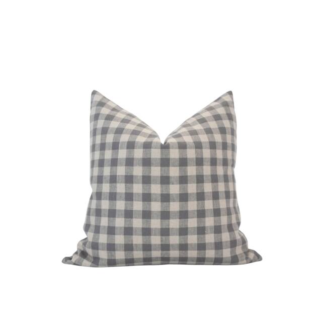 Everly -- Blue Grey Gingham Pillow Cover Check Linen Neutral Gray Farmhouse Spring Muted - image 1