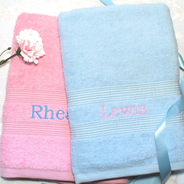 Personalised Bath Towels - Couples Pink & Blue Embroidered Gift Set - image 1