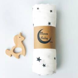 Organic Bamboo Grey Star Muslin Baby Swaddle Blanket & Unicorn Wooden Toy Gift Set