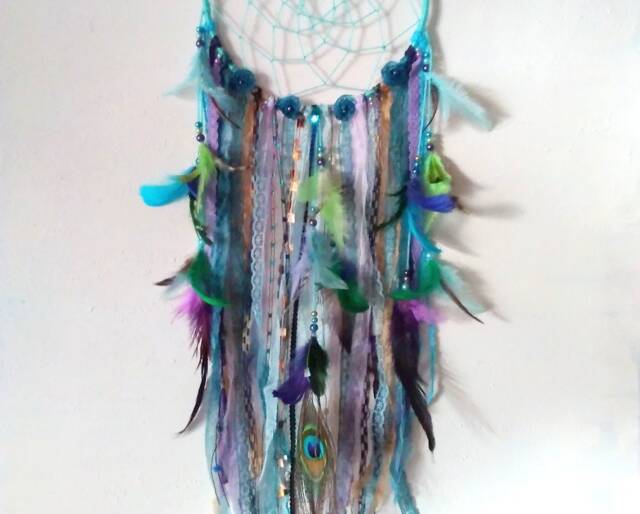 Peacock Dream Catcher Boho Chic Feather Wall Hanging - image 1