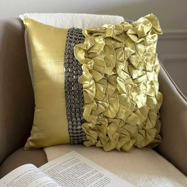 Green Satin, Crystal Embroidered Ruffled, Contemporary Throw Pillow Cover/Euro Sham - Diamonds & Ruffles - image 1