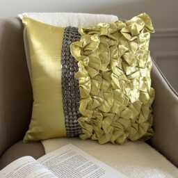 Green Satin, Crystal Embroidered Ruffled, Contemporary Throw Pillow Cover/Euro Sham - Diamonds & Ruffles - thumbnail 1