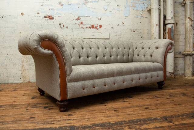 Handmade Large 3 Seater Wheat Herringbone Wool & Vintage Tan Leather Chesterfield Sofa - image 1