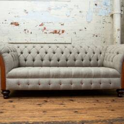 Handmade Large 3 Seater Wheat Herringbone Wool & Vintage Tan Leather Chesterfield Sofa - thumbnail 3