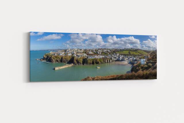 Port Isaac Harbour Panoramic Canvas Picture Print Cornwall Beach Scene Of A Cornish Harbour. Vibrant Blue Colours Seascape - image 1