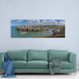Port Isaac Harbour Panoramic Canvas Picture Print Cornwall Beach Scene Of A Cornish Harbour. Vibrant Blue Colours Seascape - thumbnail 2