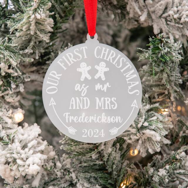 Gingerbread People Mr & Mrs First Christmas Frosted Acrylic Bauble Tree Ornament - image 1