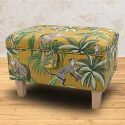 Handmade Monkey Ochre Botanical Storage Ottoman - Tropical Animal Palm Tree Fabric Bespoke British Made - thumbnail 1