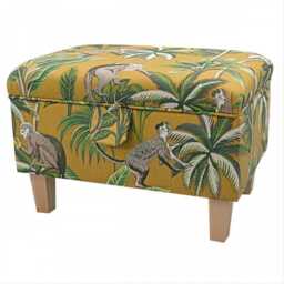 Handmade Monkey Ochre Botanical Storage Ottoman - Tropical Animal Palm Tree Fabric Bespoke British Made - thumbnail 3