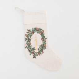 Natural Candle Wreath Linen Stocking, Hand Embroidered Cotton Blend Christmas Bootie, Handmade Festive Holiday Decor - thumbnail 3
