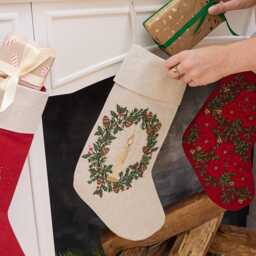 Natural Candle Wreath Linen Stocking, Hand Embroidered Cotton Blend Christmas Bootie, Handmade Festive Holiday Decor