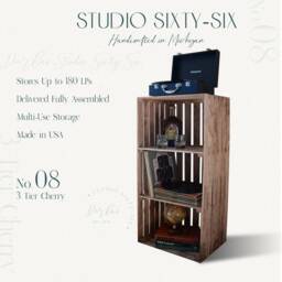 3-Tier Record Player Stand With Storage, Solid Wood Turntable For Vinyl Records - Cherry - thumbnail 2