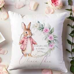 Personalised Pink Rabbit Floral Baptism Cushion - Custom Name Christening Gift For Baby Girl - thumbnail 3