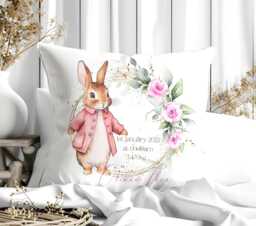 Personalised Pink Rabbit Floral Baptism Cushion - Custom Name Christening Gift For Baby Girl - thumbnail 1