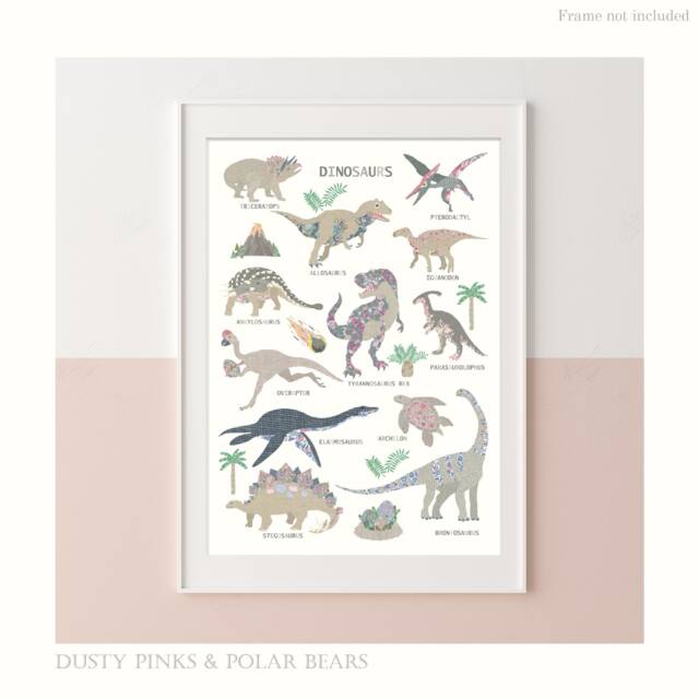 Pink Dinosaur Print - Dinosaurs Bedroom Decor Poster Children's Prints Wall Art Liberty - image 1
