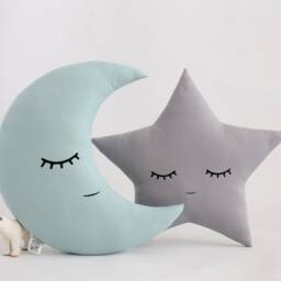 Dusty Mint & Gray Infant Cushion Set For Nursery Moon Star Baby Shower Decor Toddler Boy Gift Plush Toy Kids Corner Teepee Pillows Cot - thumbnail 2