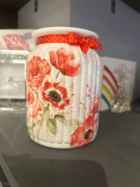 Poppy Glass Vase - Red Floral Poppy Decoupage Ribbed Home Gift House Warming New Mother's Day
