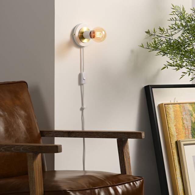 White & Gold Plug-In Wall Sconce - Mid Century Modern Bedroom Vanity Lighting Lamp For Apartments & Spaces With No J-Box Luna - image 1