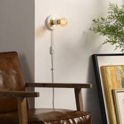 White & Gold Plug-In Wall Sconce - Mid Century Modern Bedroom Vanity Lighting Lamp For Apartments & Spaces With No J-Box Luna