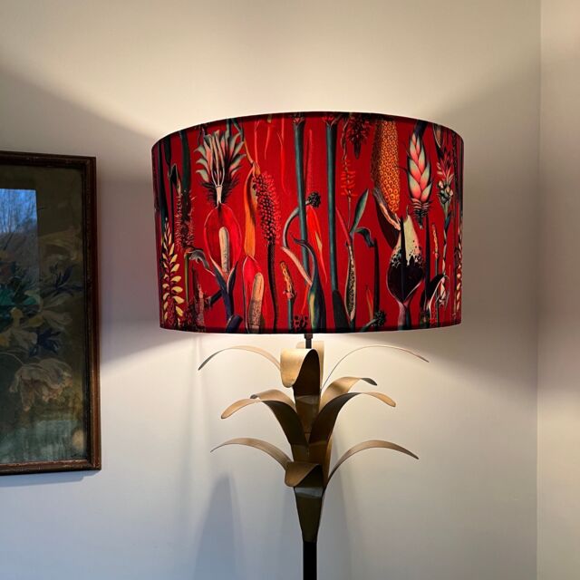 Cerise Botanical Velvet Drum Lampshade Ceiling Shade With A White Lining - image 1