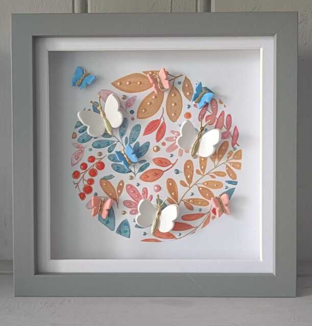 Framed Clay Butterfly Wall Art, Shimmering Watercolor Decor - image 1