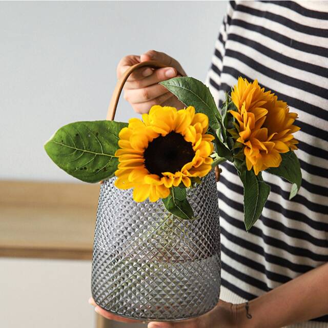 Textured Diamond Patterned Vase Glass With Leather Handle - Wedding Gift For The Home Christmas Decor Hurricane Lantern Candle - image 1