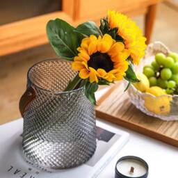 Textured Diamond Patterned Vase Glass With Leather Handle - Wedding Gift For The Home Christmas Decor Hurricane Lantern Candle - thumbnail 3