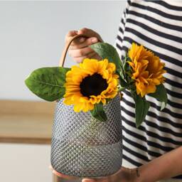 Textured Diamond Patterned Vase Glass With Leather Handle - Wedding Gift For The Home Christmas Decor Hurricane Lantern Candle - thumbnail 1