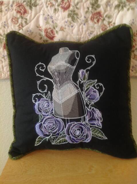 Embroidered Sewing Mannequin On Black Fabric With Lavender, Purple Flowers