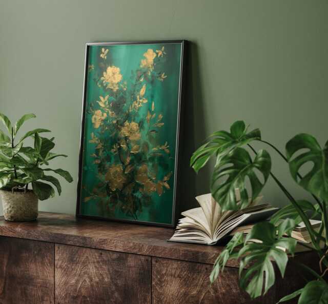 Emerald Green & Gold Floral Wall Art Print - Botanical Nature-Inspired Decor - image 1