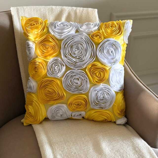 Yellow Art Silk Ribbon Embroidered Rose Throw Pillow Cover, Modern Cushion Cover - Sunny Blooms - image 1